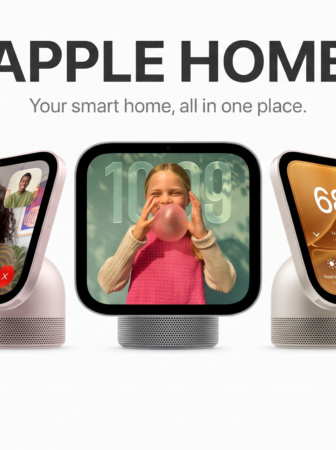 Promotional image of Apple Home devices: a row of smart home displays with rounded edges showing apps and visuals, side by side.